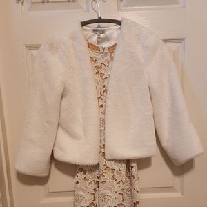 3/4 Sleeve white faux-fur open-front jacket
